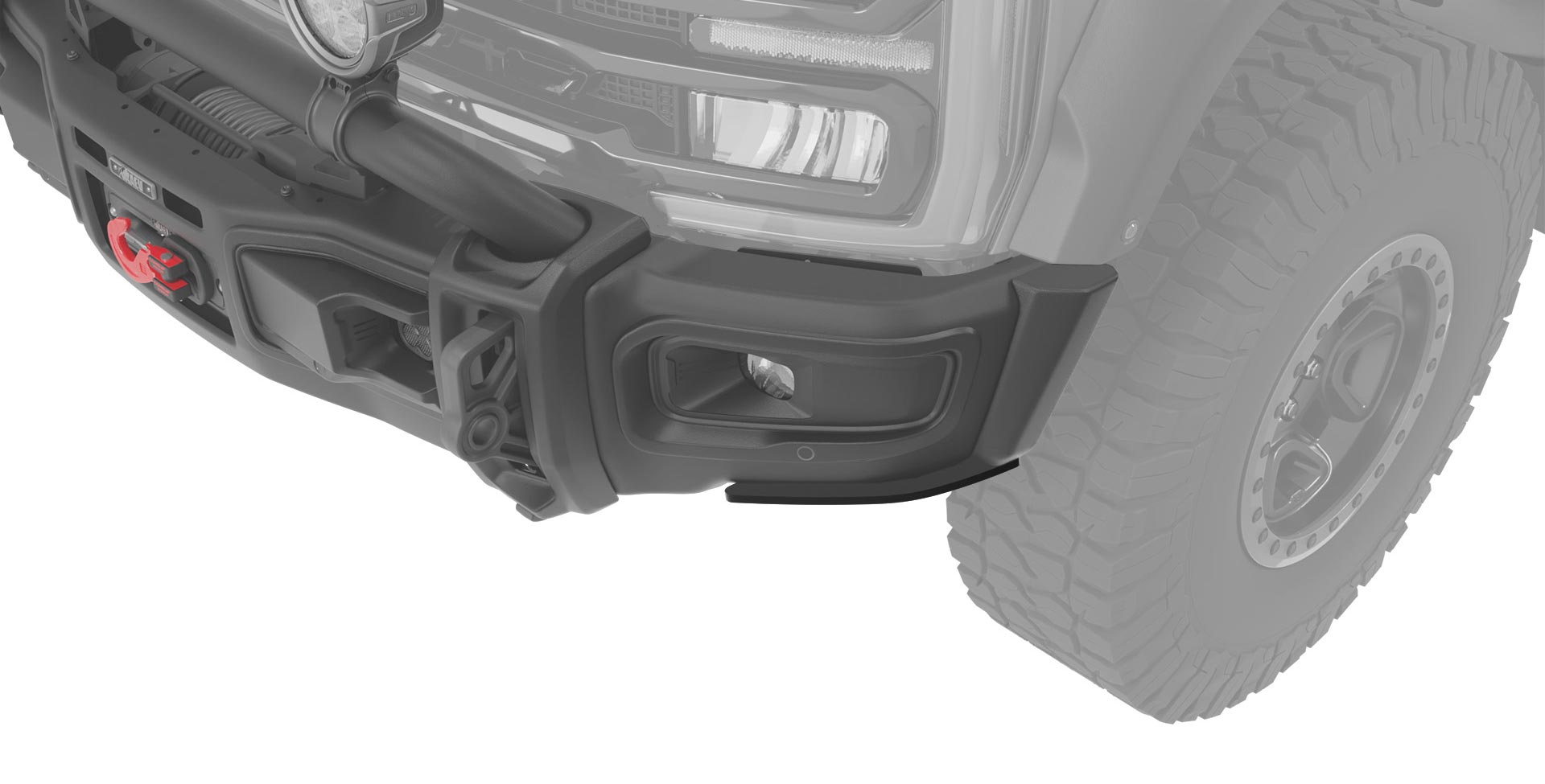 Close-up of a vehicle's front bumper and tire on a white background | Short Option for 40" Tires Installed