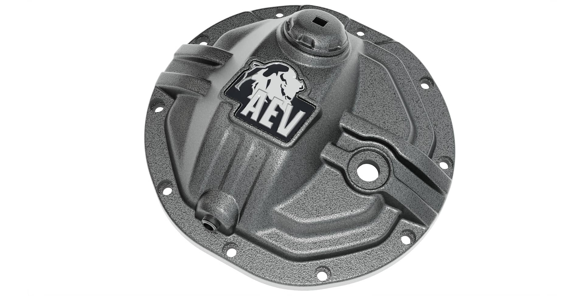 Gray differential cover with AEV logo on a white background