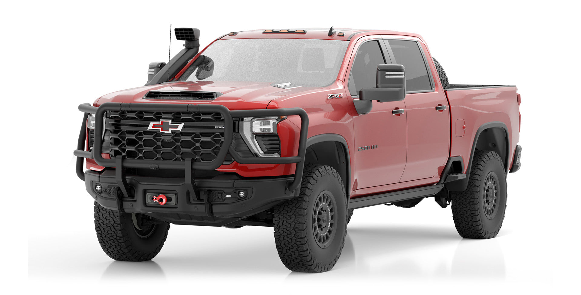 Red pickup truck with black front bumper on a white background