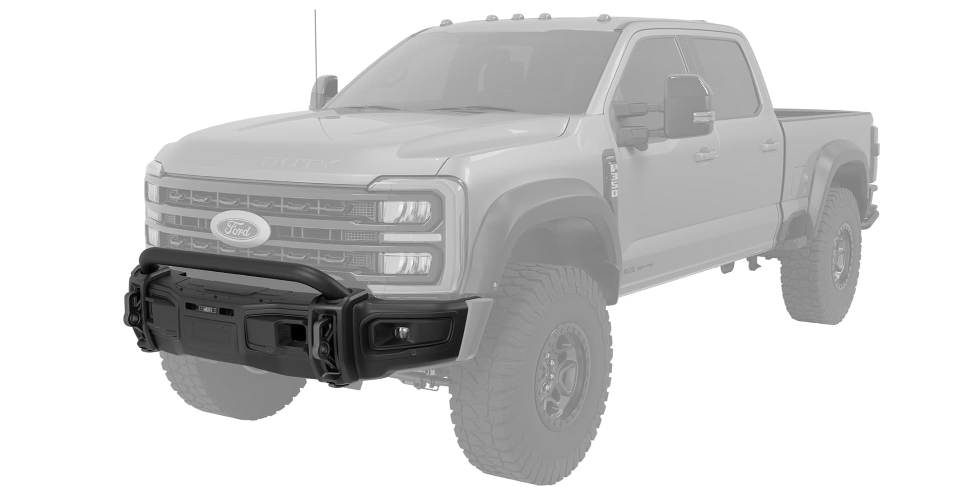 Gray pickup truck with a black front bumper on a white background | AEV Front Bumper Installed