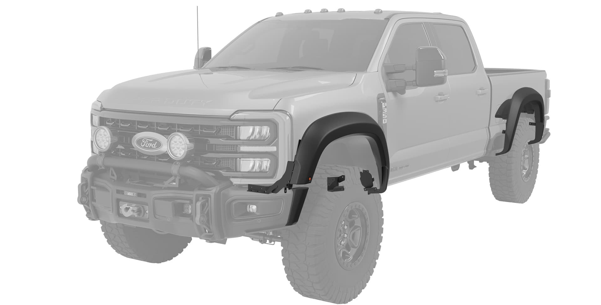 White pickup truck with black fender flares on a white background | Front & Rear HighMark Fender Flares with Hardware