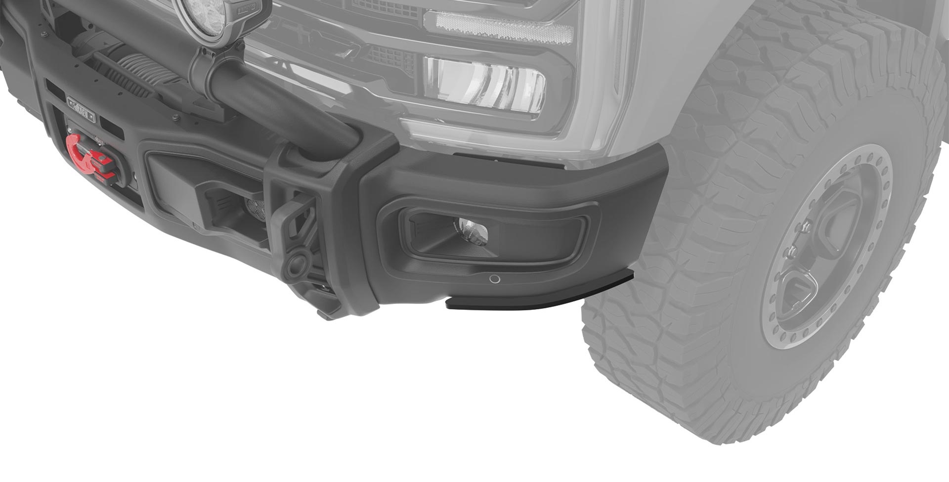Close-up of a vehicle's front bumper and tire on a white background | Standard Option for 37" Tires Installed