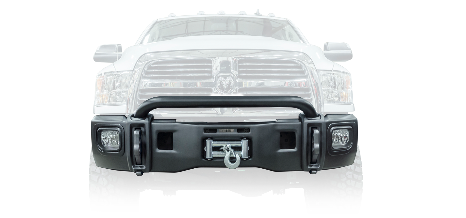 Front view of a white truck with a black bumper on a white background | w/ OEM Fog Lights