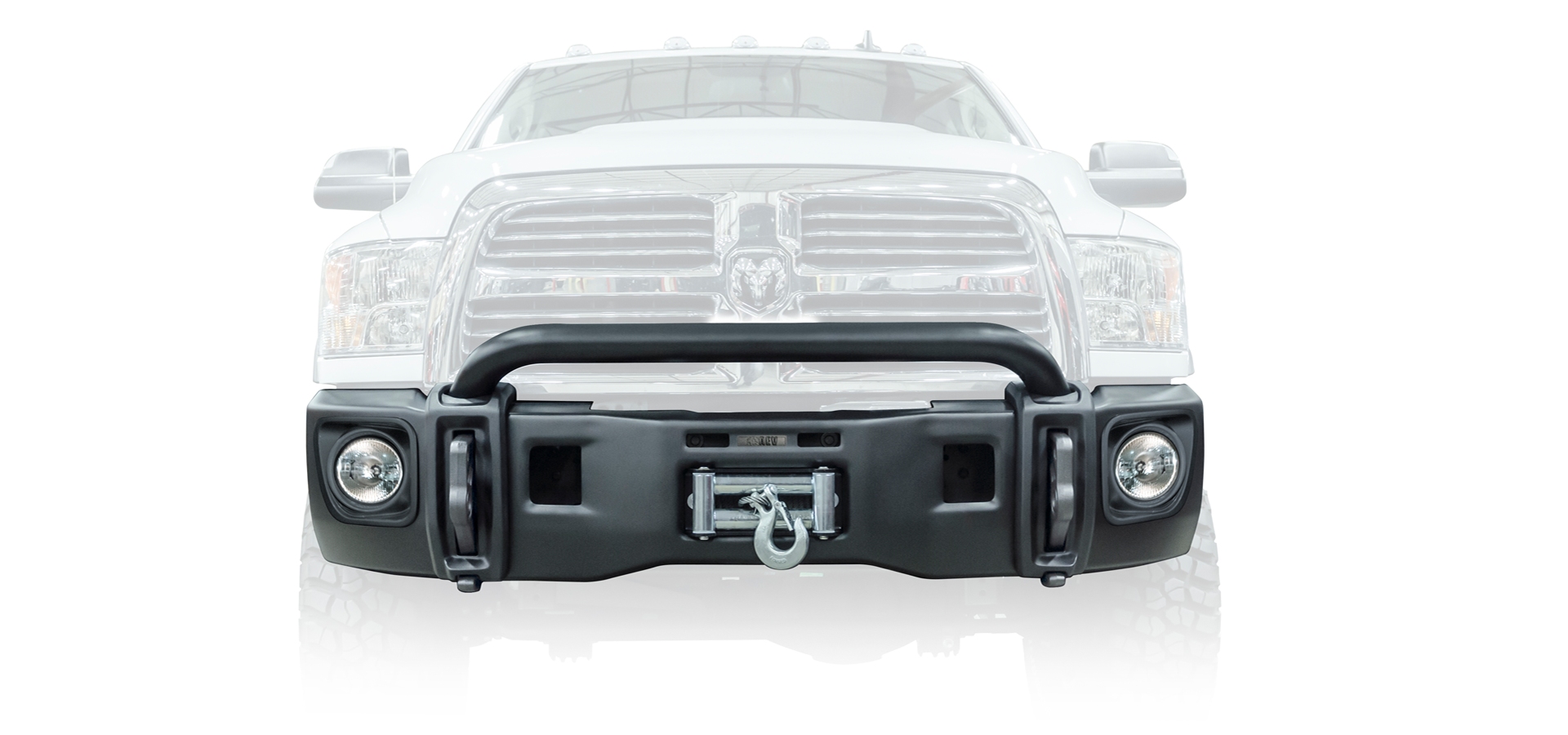 Front view of a white truck with a black bumper on a white background | w/ Vision-X Driving Lights