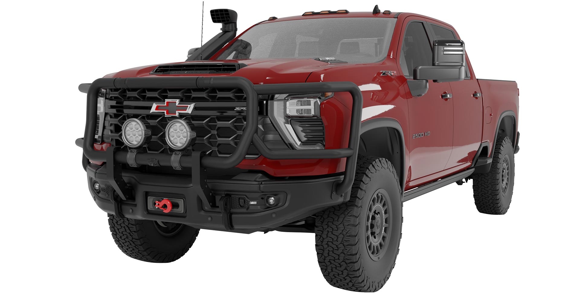 Red pickup truck with black front bumper on a white background | Shown with optional AEV 7000 Series Lights and AEV Light Mounts