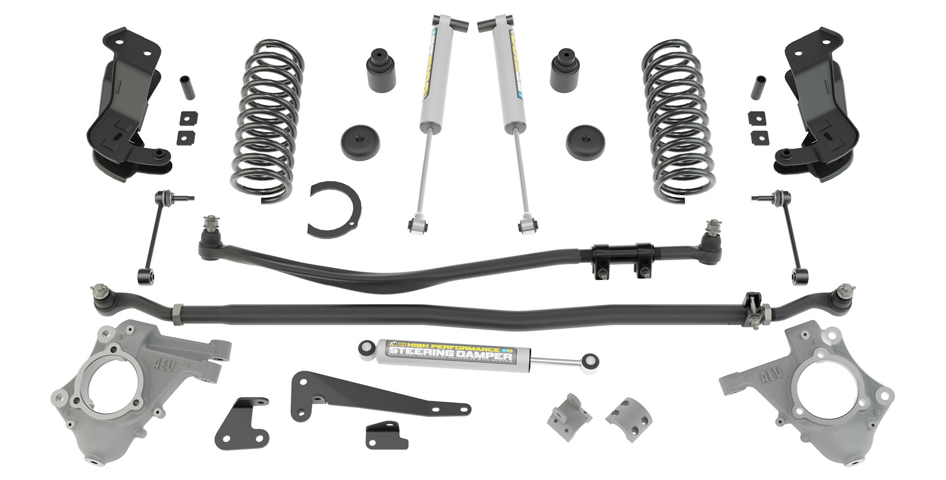 Automotive suspension parts including springs, shock absorbers, and control arms on a white background. | Front suspension components