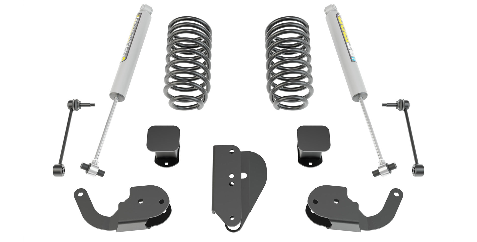 Collection of suspension components including shock absorbers, springs, and control arms on a white background. | Rear suspension components