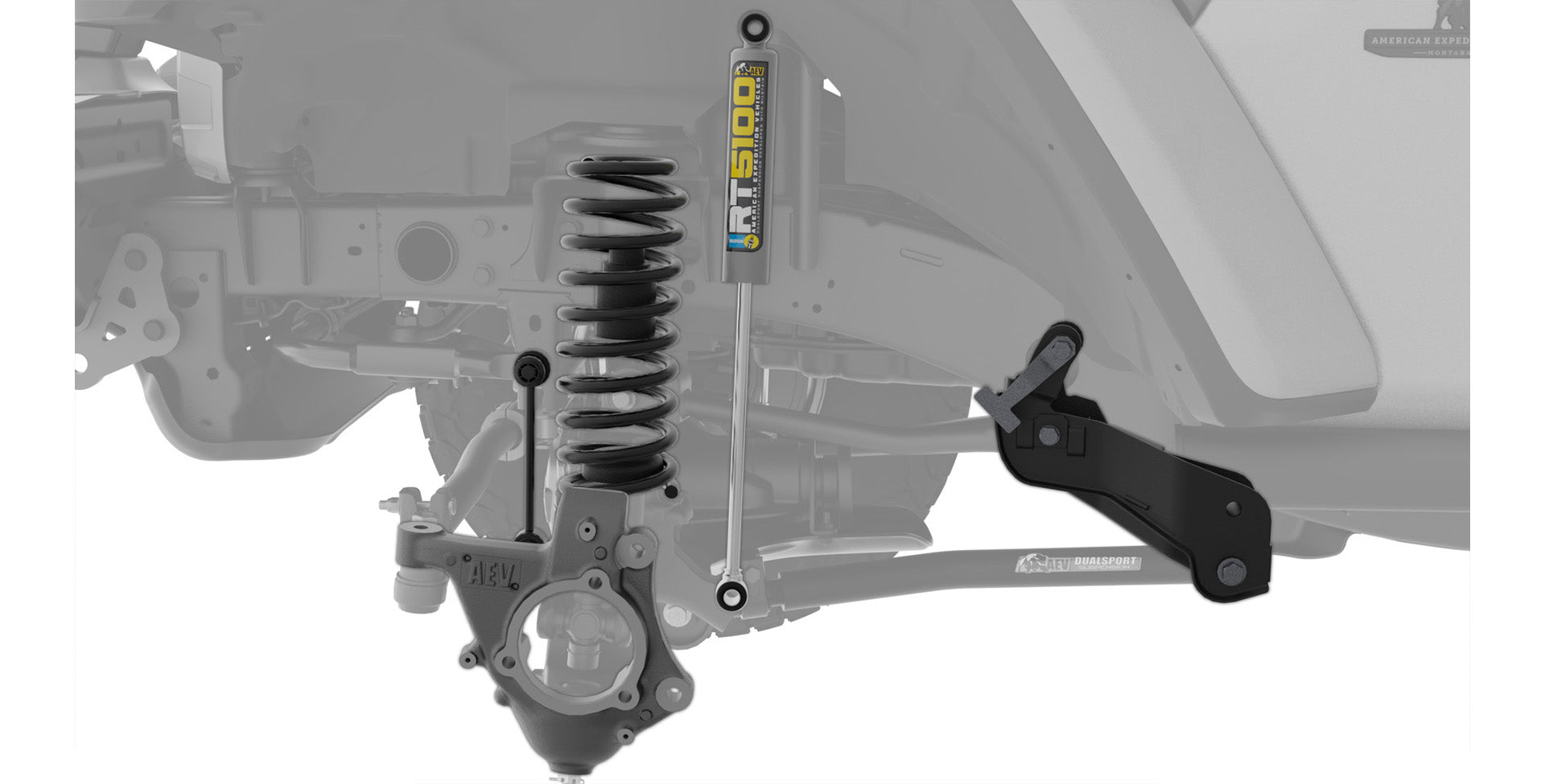 Close-up of a vehicle suspension system with a shock absorber and control arm on a white background. | Front suspension components