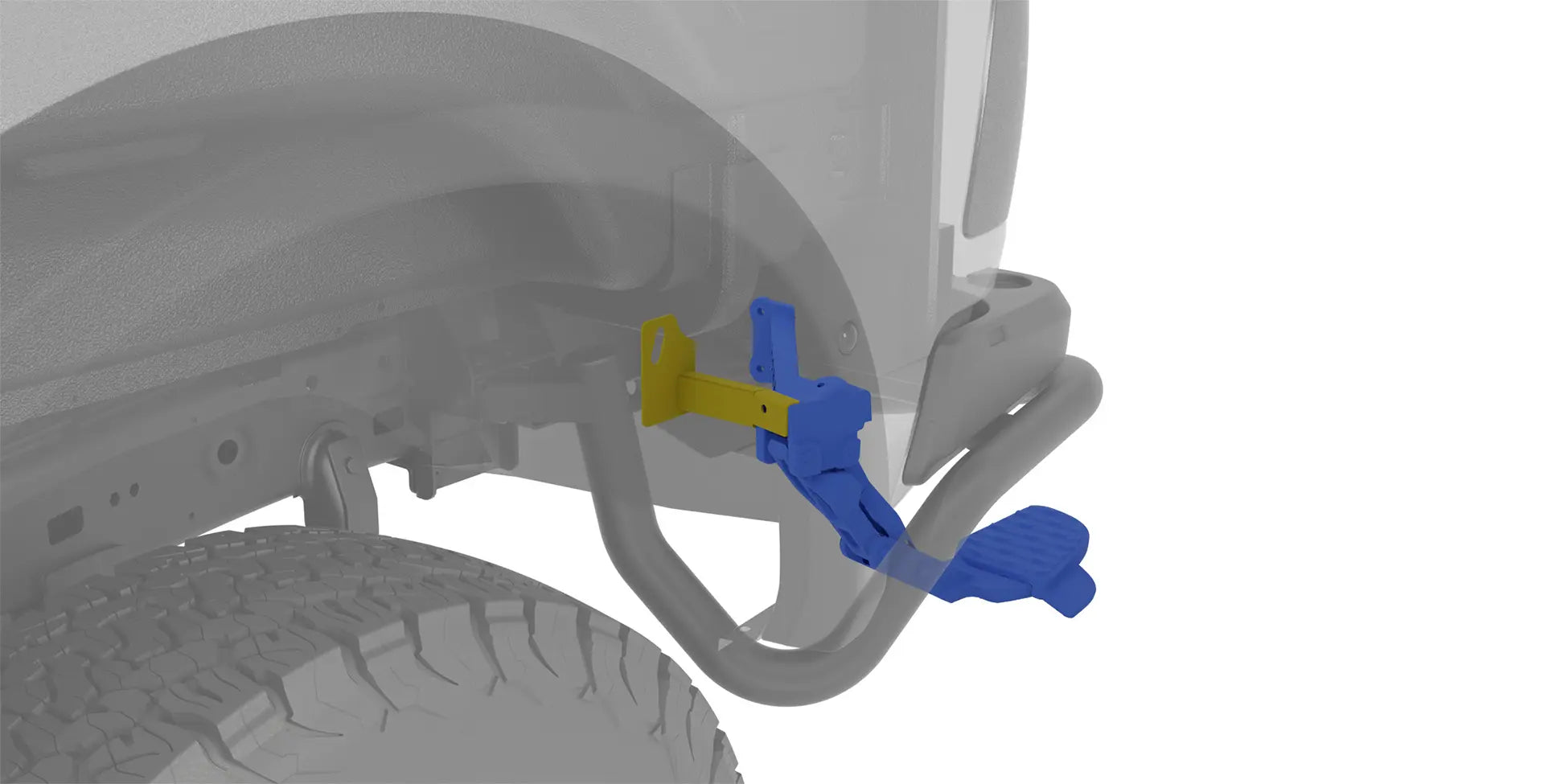 Illustration of a car's undercarriage with highlighted components on a white background | The Mopar® Bed Step (colored blue) shown mounted to the AEV Relocation Bracket (colored yellow)