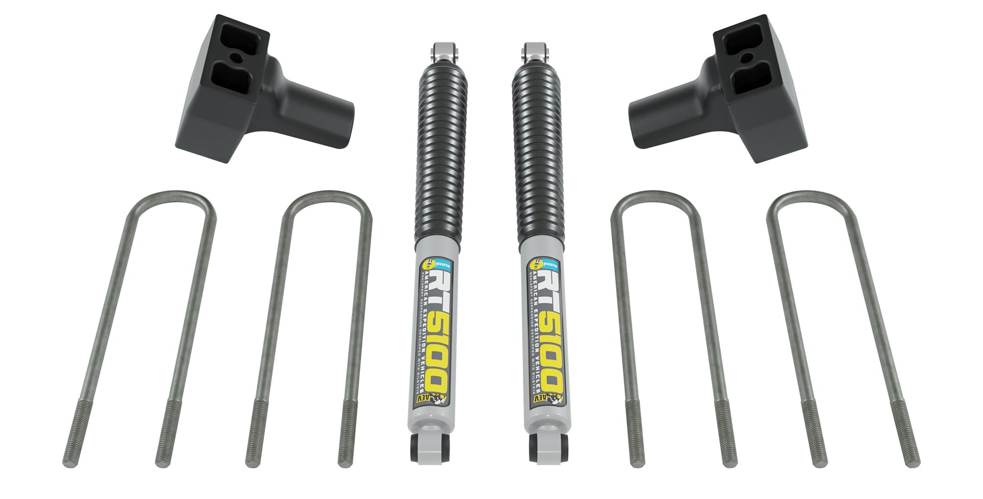 Set of suspension components including shock absorbers and links on a white background | Rear Lift Components