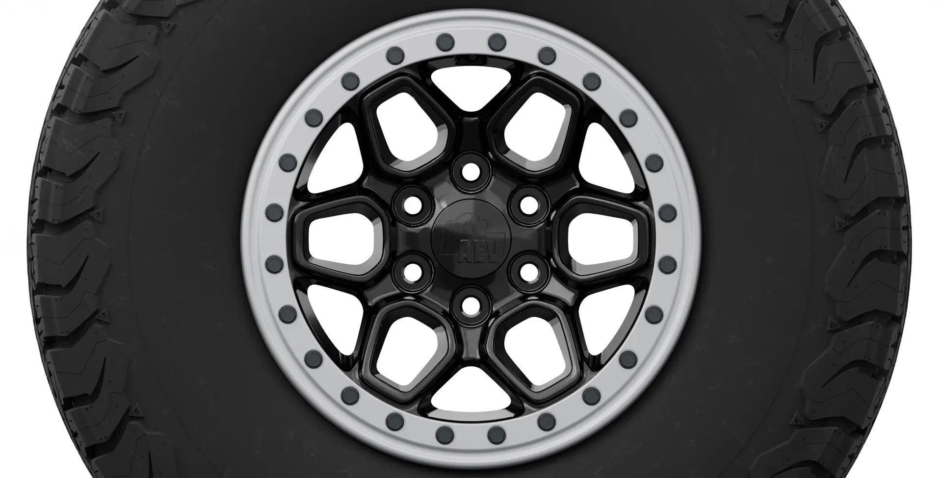 Black off-road tire with a silver rim on a white background | Silver Protection Ring on OE Crestone Wheel