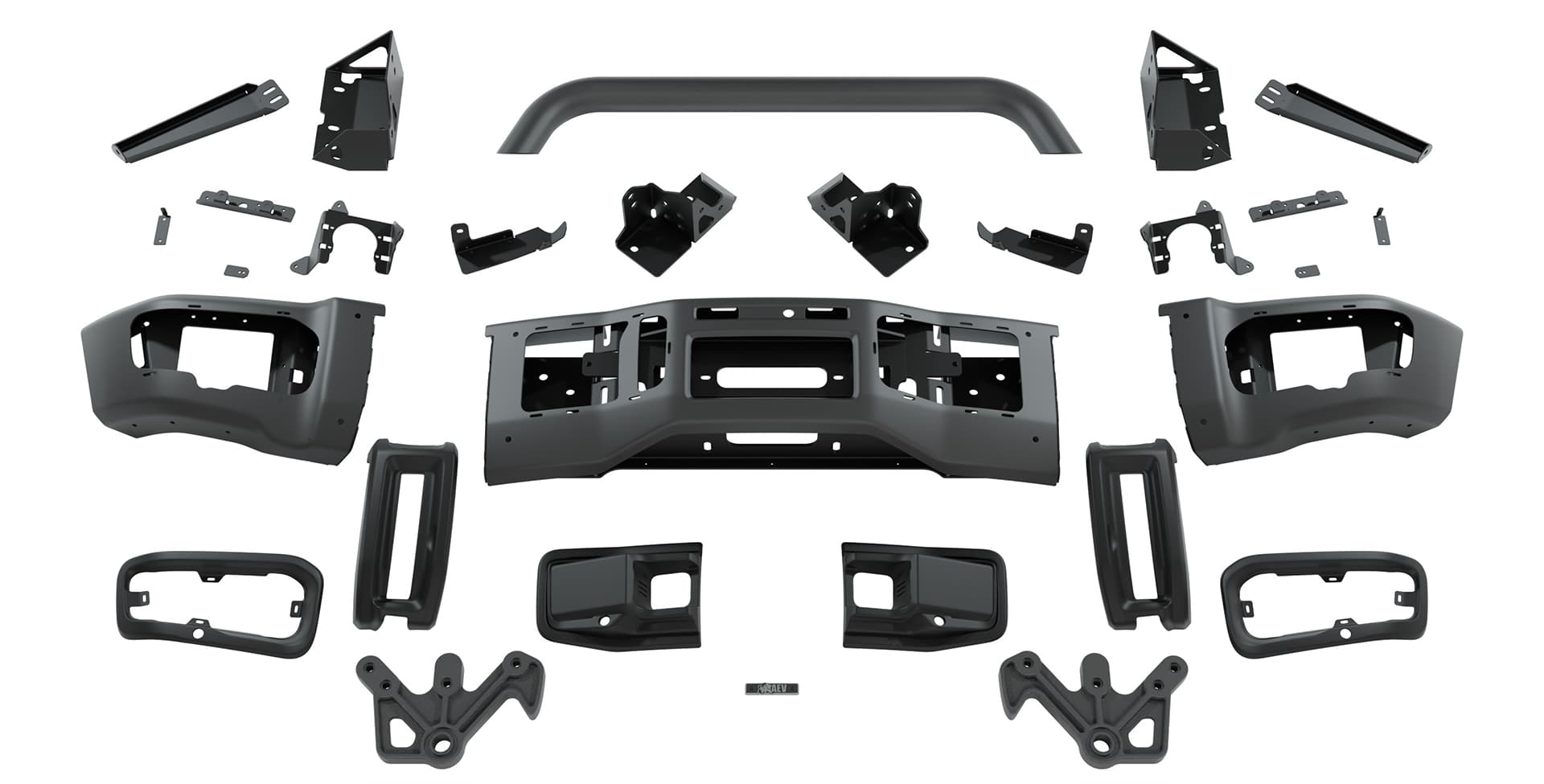 Collection of black car interior parts on a white background | Components That Make Up the AEV Front Bumper