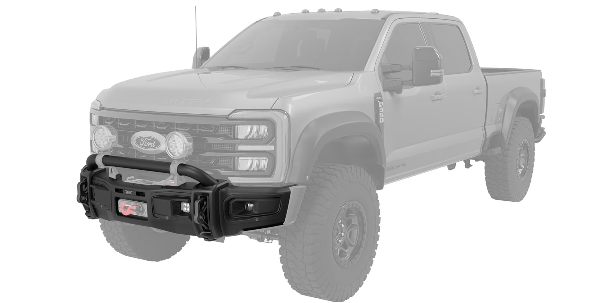 Gray pickup truck with a black front bumper on a white background | AEV Front Bumper with Optional Accessories Installed