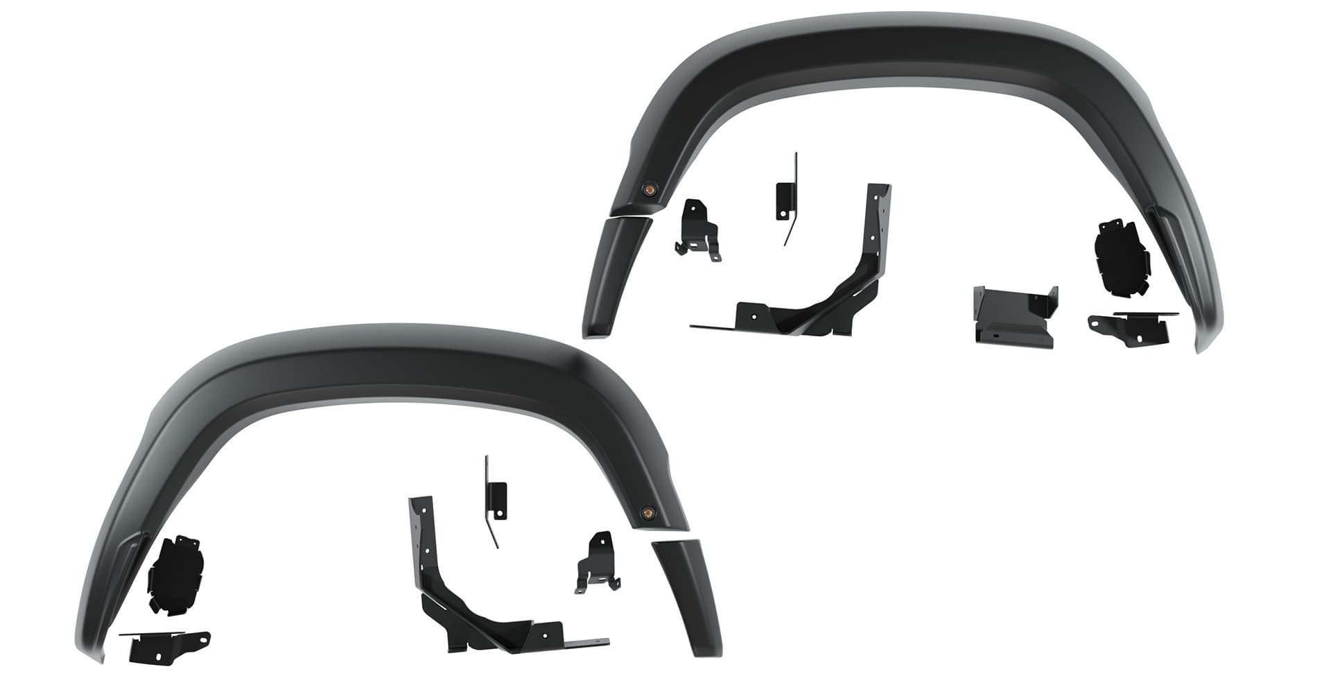 Set of car fender and bumper parts on a white background | Front HighMark Fender Flares & Hardware